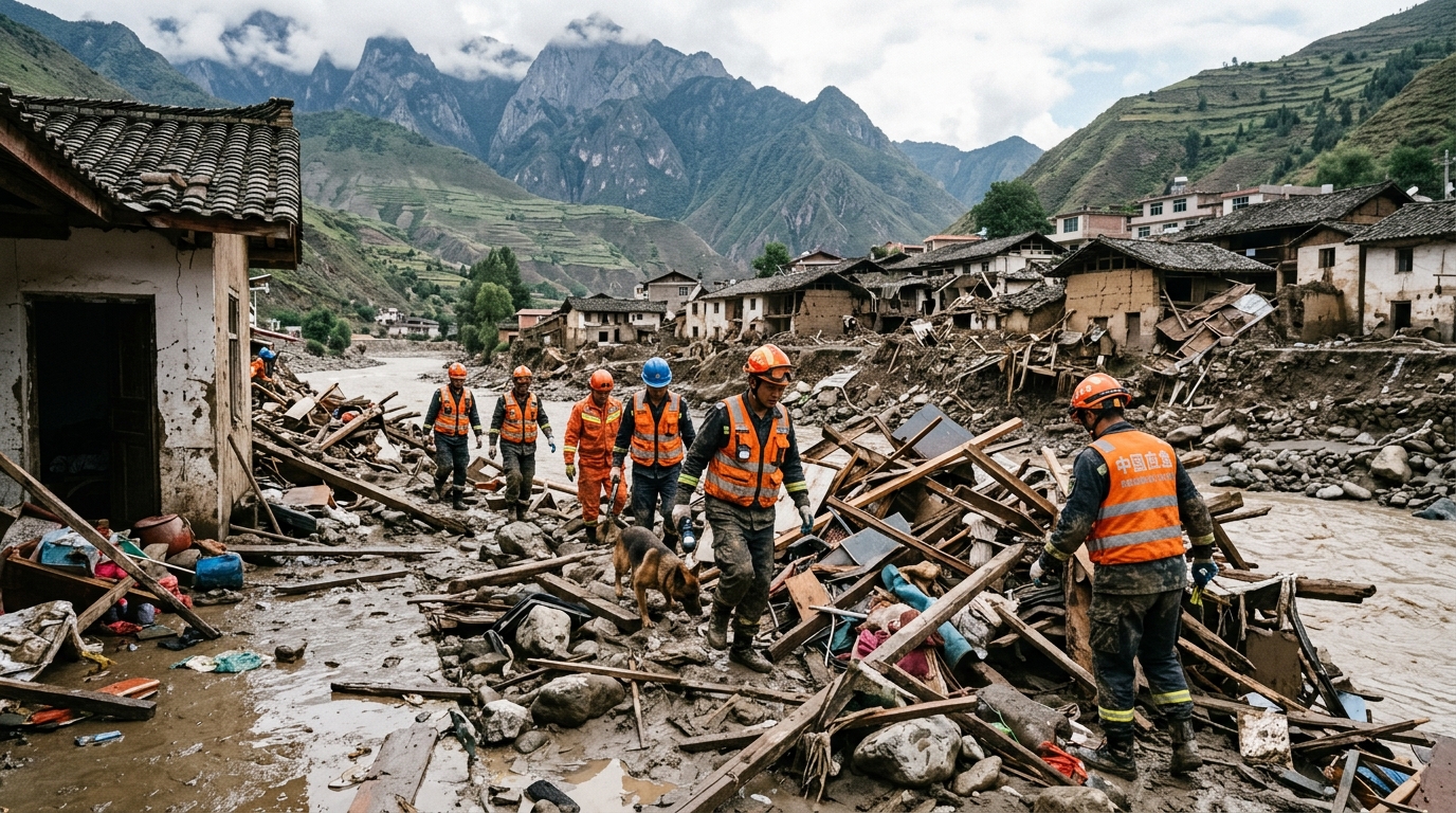 Secouristes cherchant des victimes dans un village inondé en montagne