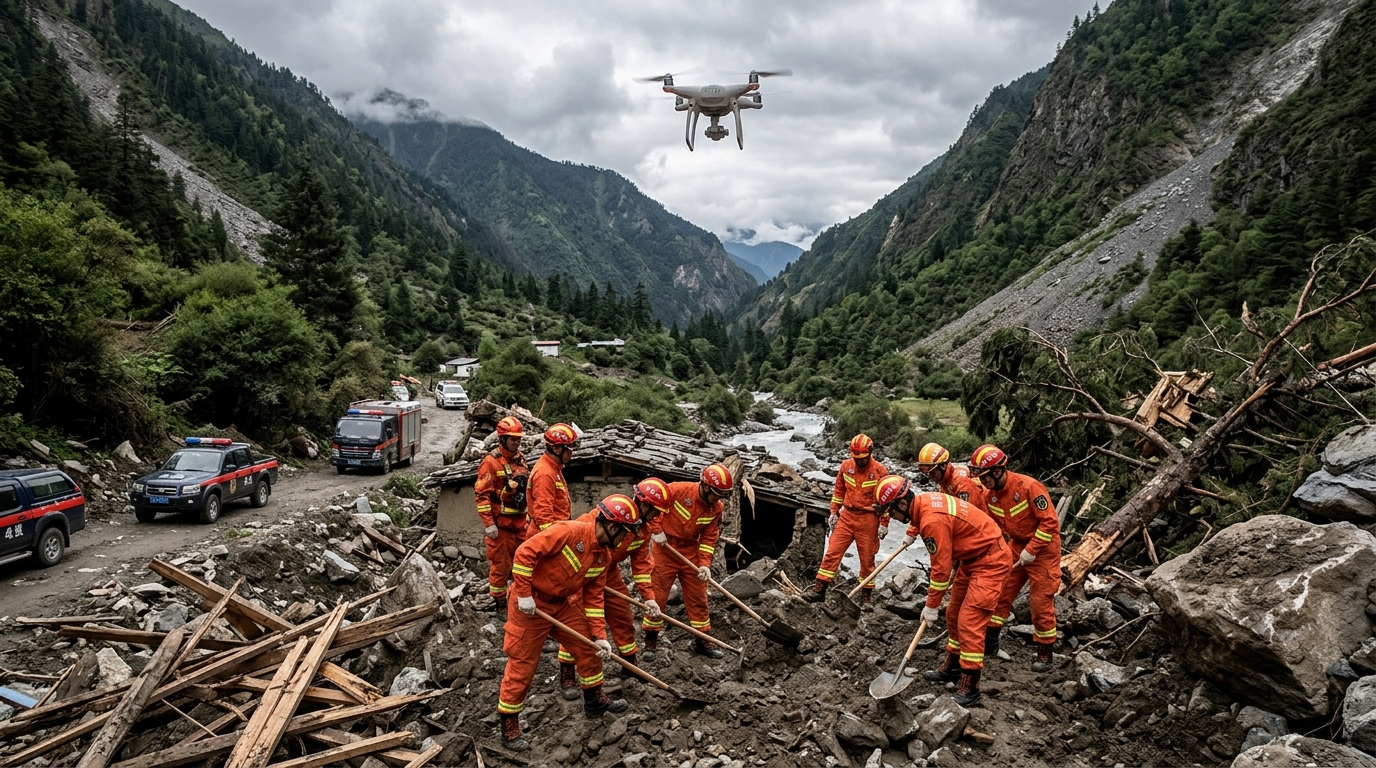 Secouristes chinois dégageant des décombres après la coulée de boue au Tibet