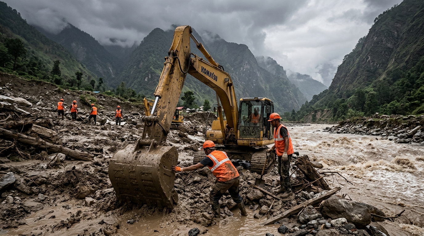 Secouristes et pelleteuses déblayant des débris au bord d'une rivière en crue dans l'Himalaya