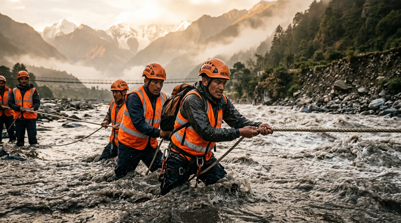Secouristes traversant une rivière en crue dans l'Himalaya népalais