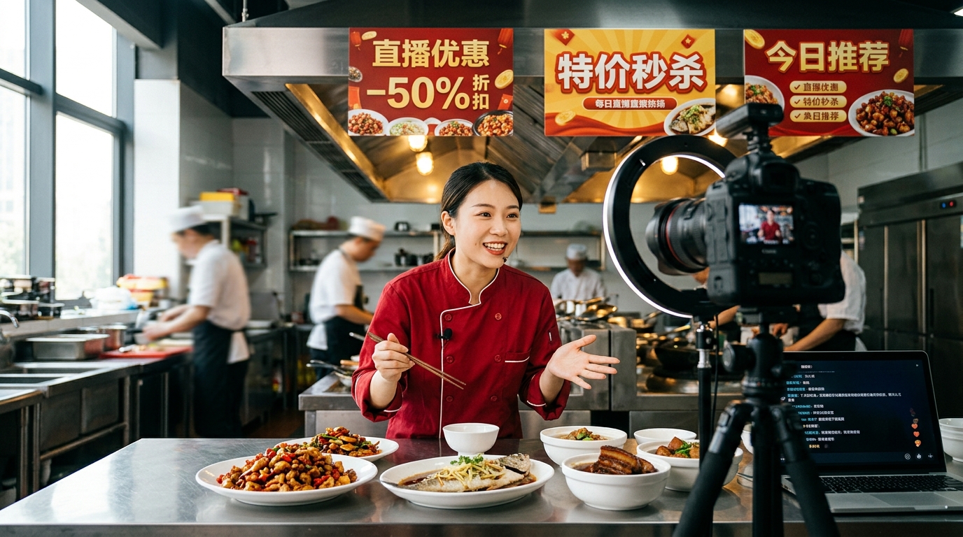 Session de live streaming pour vente de bons repas en Chine