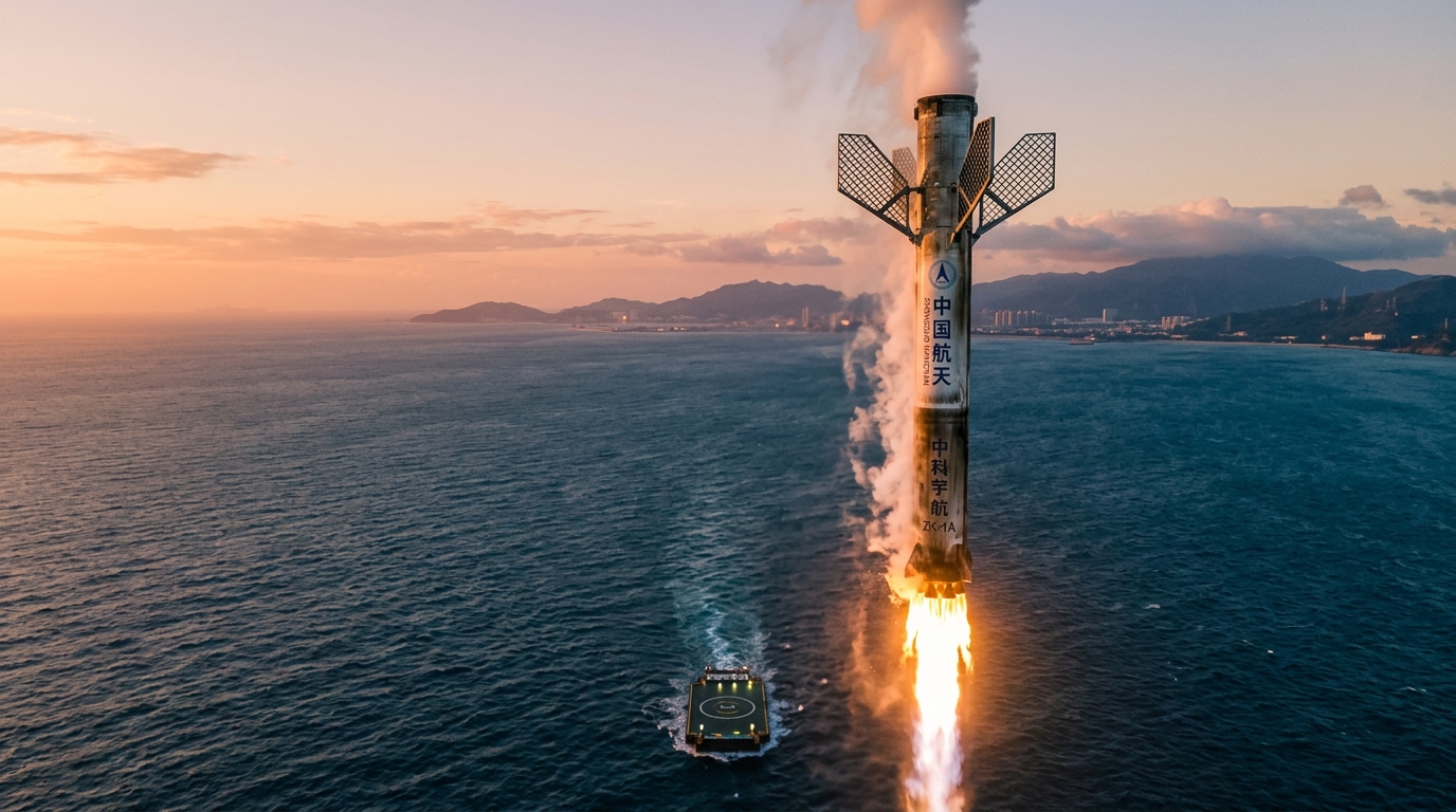 Simulation de récupération verticale d'un booster de fusée réutilisable au-dessus de l'océan
