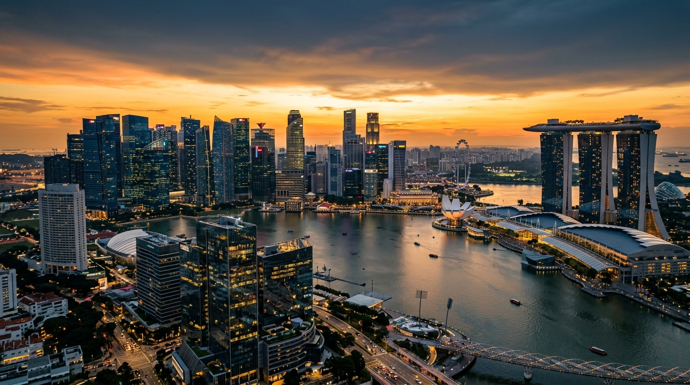 Skyline de Singapour au crépuscule, centre financier
