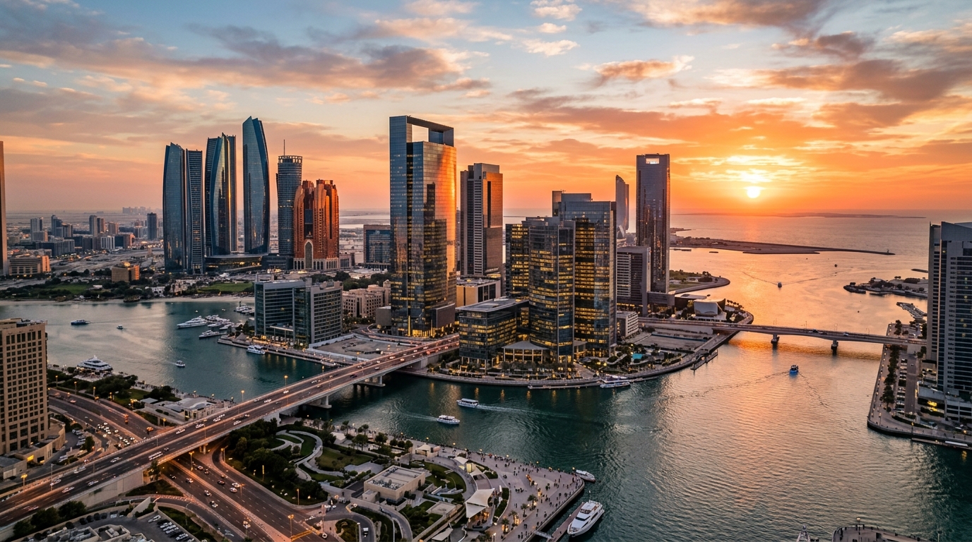 Skyline financier d'Abou Dhabi au coucher du soleil
