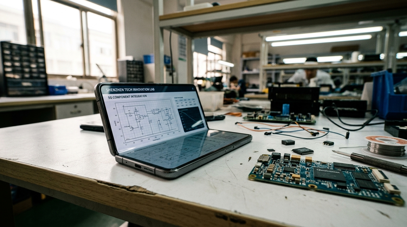 Smartphone pliable ouvert posé sur un bureau avec des composants électroniques