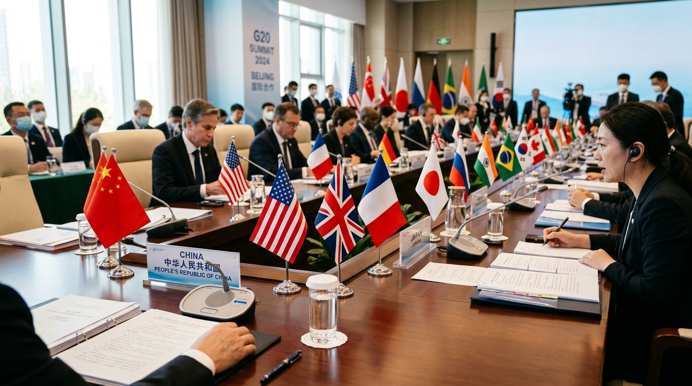 Table de sommet diplomatique international avec drapeaux de plusieurs nations