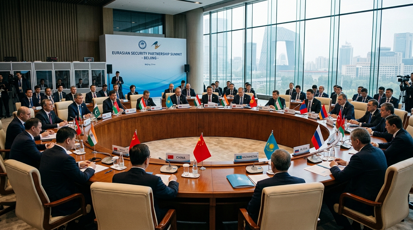 Table de sommet multilatéral avec drapeaux de pays membres de l'OCS