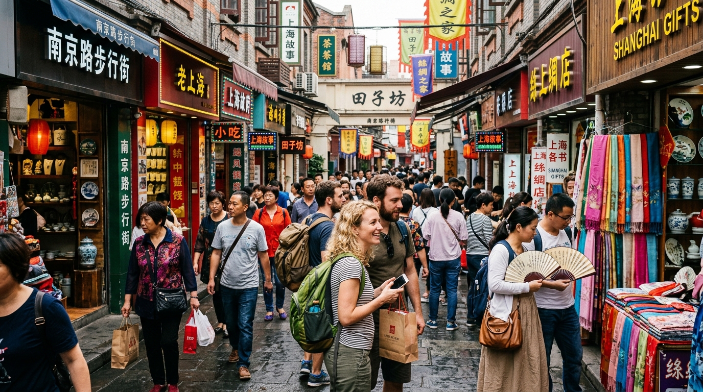 Touristes étrangers dans une rue commerçante animée de Shanghai