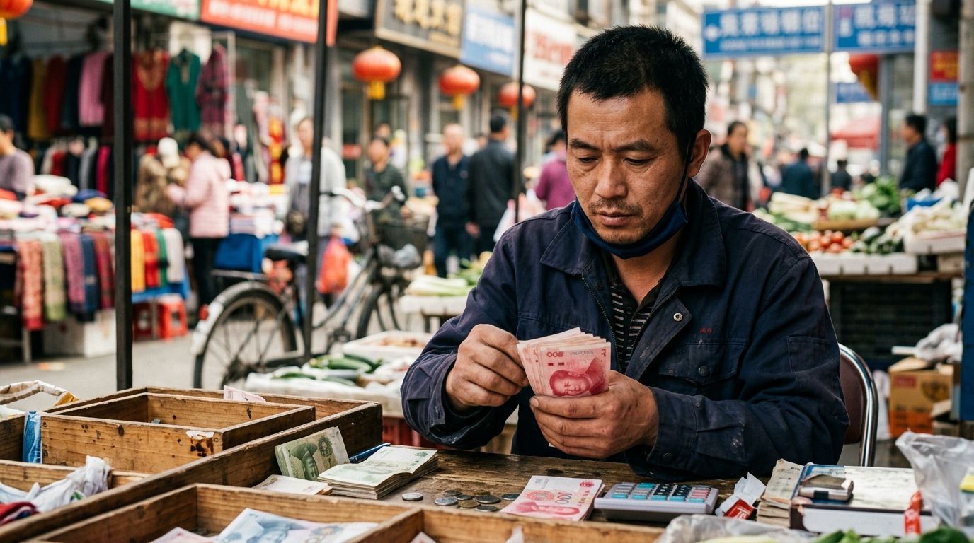 Travailleur chinois comptant ses économies sur un marché