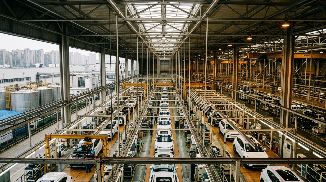 Usine chinoise de véhicules électriques illustrant la surcapacité industrielle