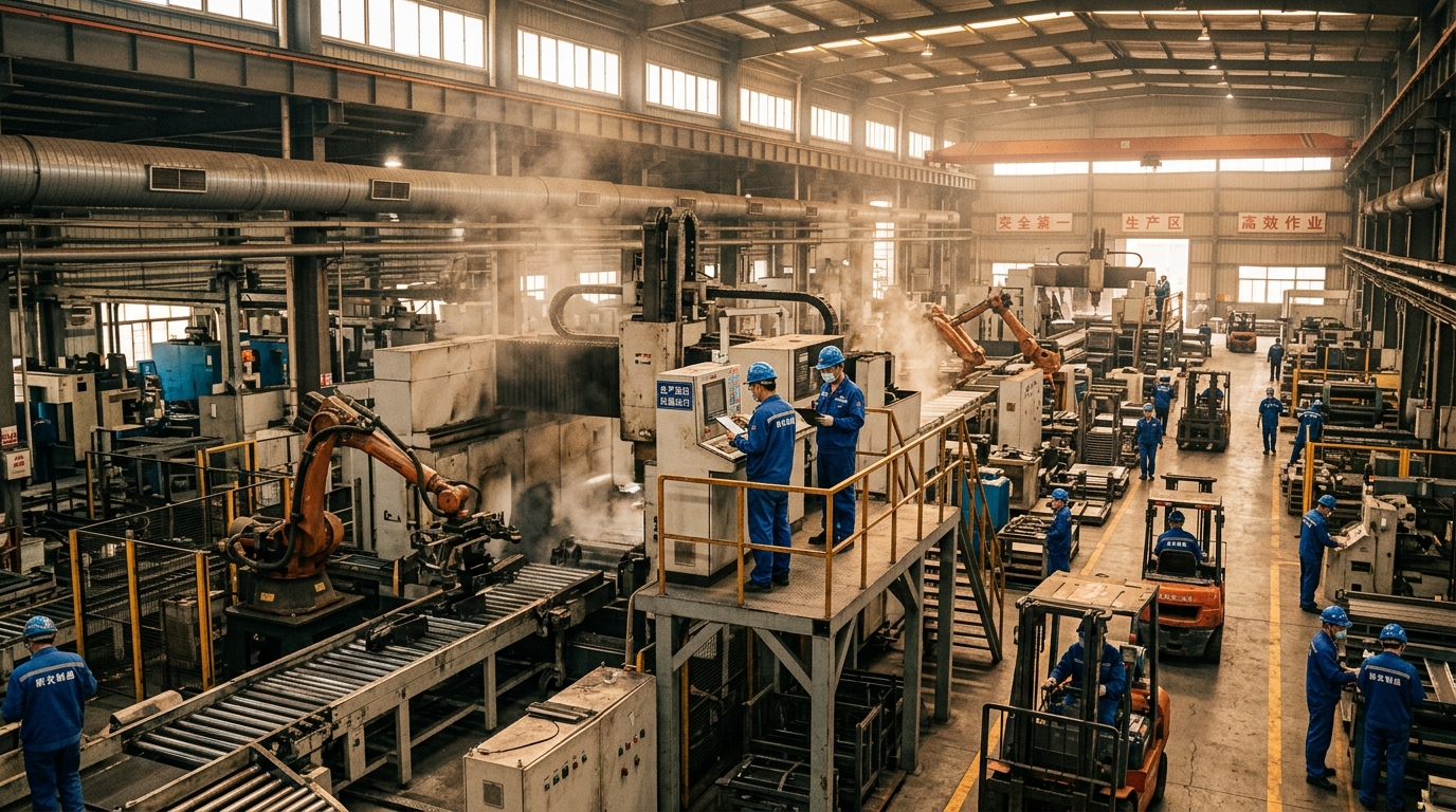 Usine industrielle chinoise avec ouvriers et machines