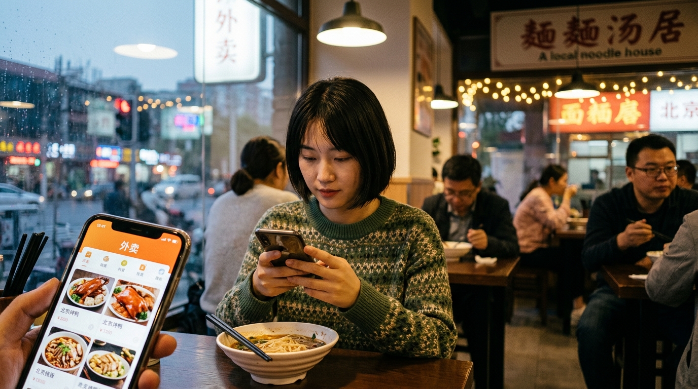 Utilisatrice de Meituan commandant un repas sur smartphone