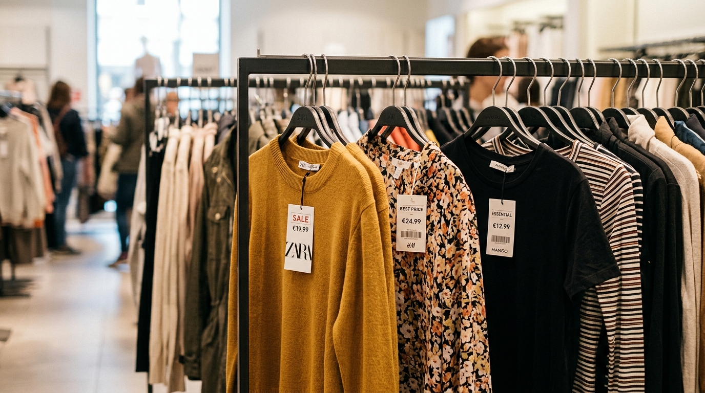 Vêtements ultra-fast fashion avec étiquettes de prix sur un portant