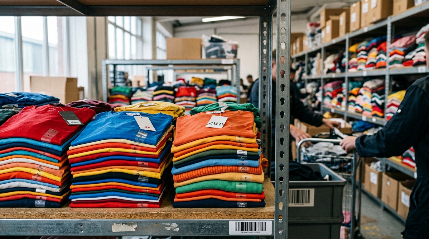 Vêtements ultra fast fashion empilés dans un entrepôt moderne