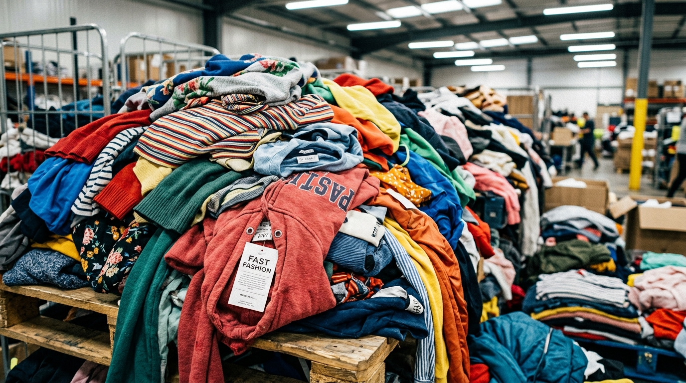 Vêtements ultra-fast-fashion empilés dans un entrepôt
