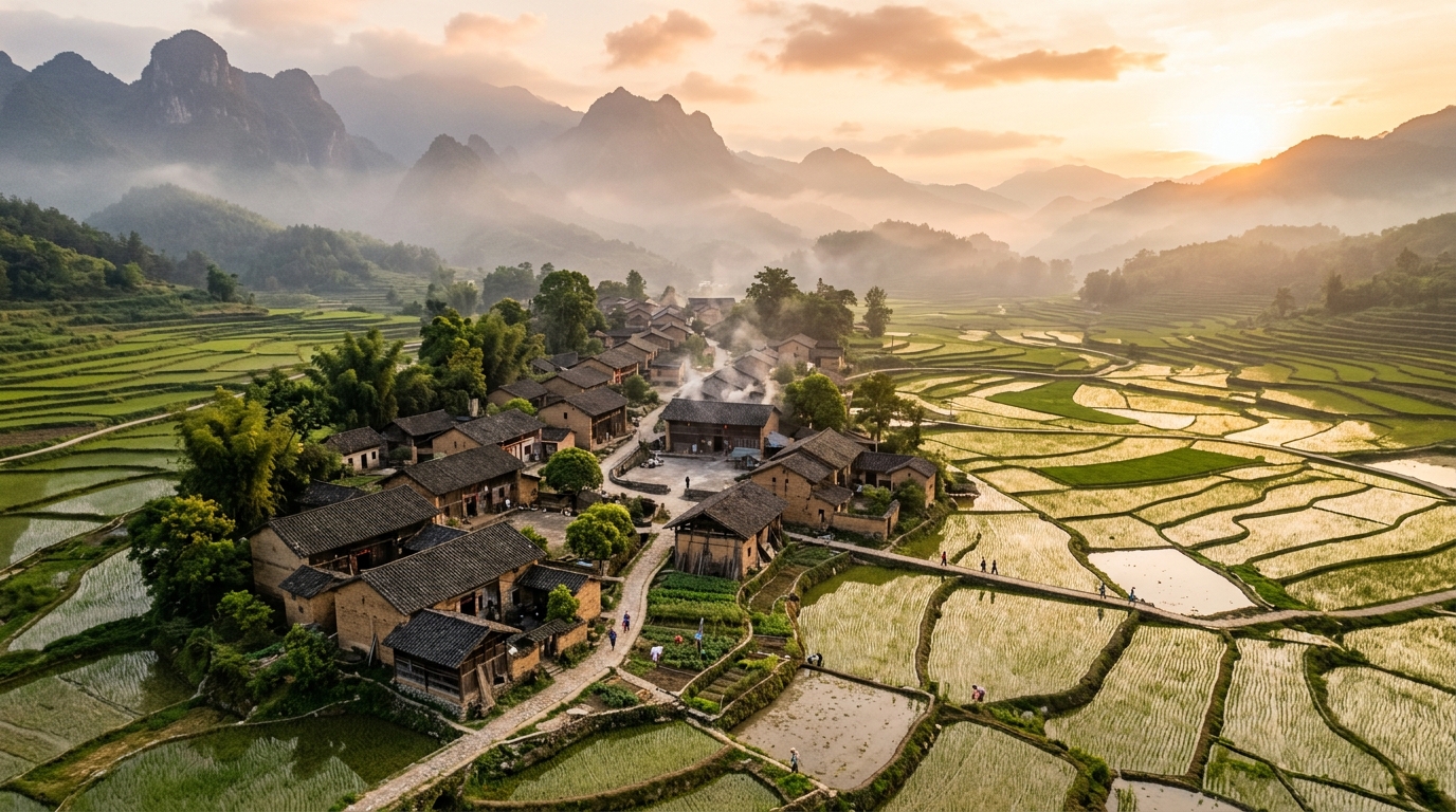 Village rural en Chine avec rizières