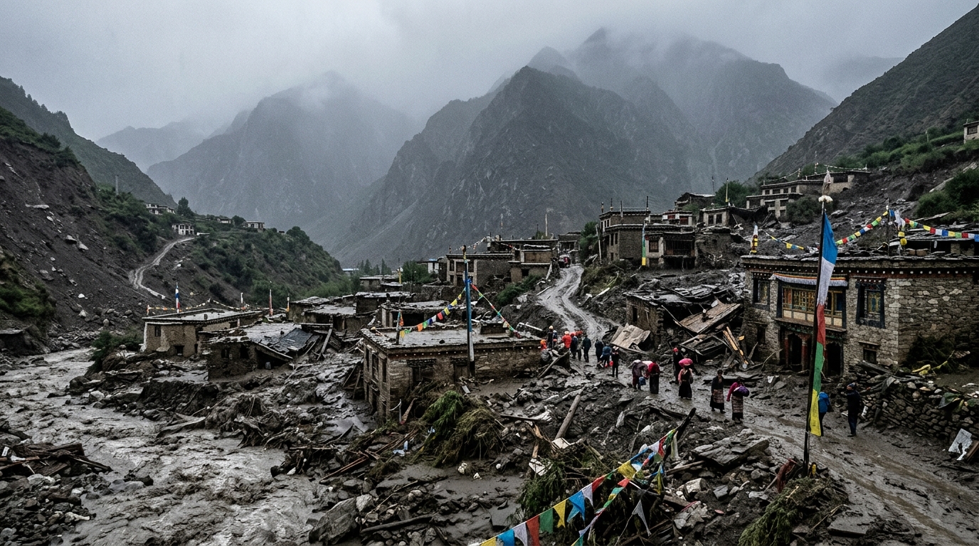 Village tibétain de montagne endommagé par des glissements de terrain et des inondations