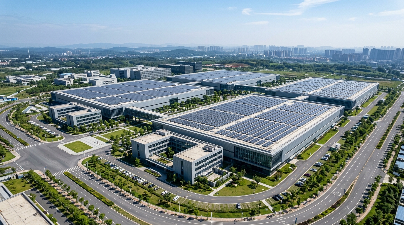 Vue aérienne d'un campus technologique avec infrastructure de datacenters