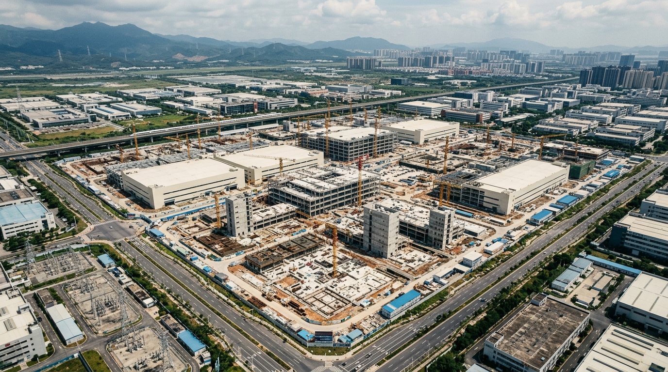 Vue aérienne d'un site de construction d'une usine de puces en Chine