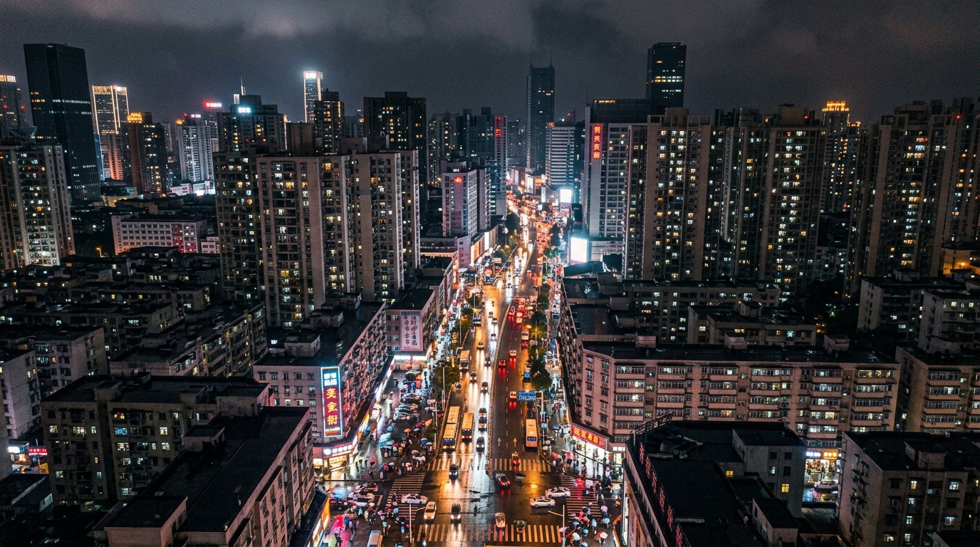 Vue aérienne d'une ville chinoise la nuit avec smartphones et enseignes lumineuses