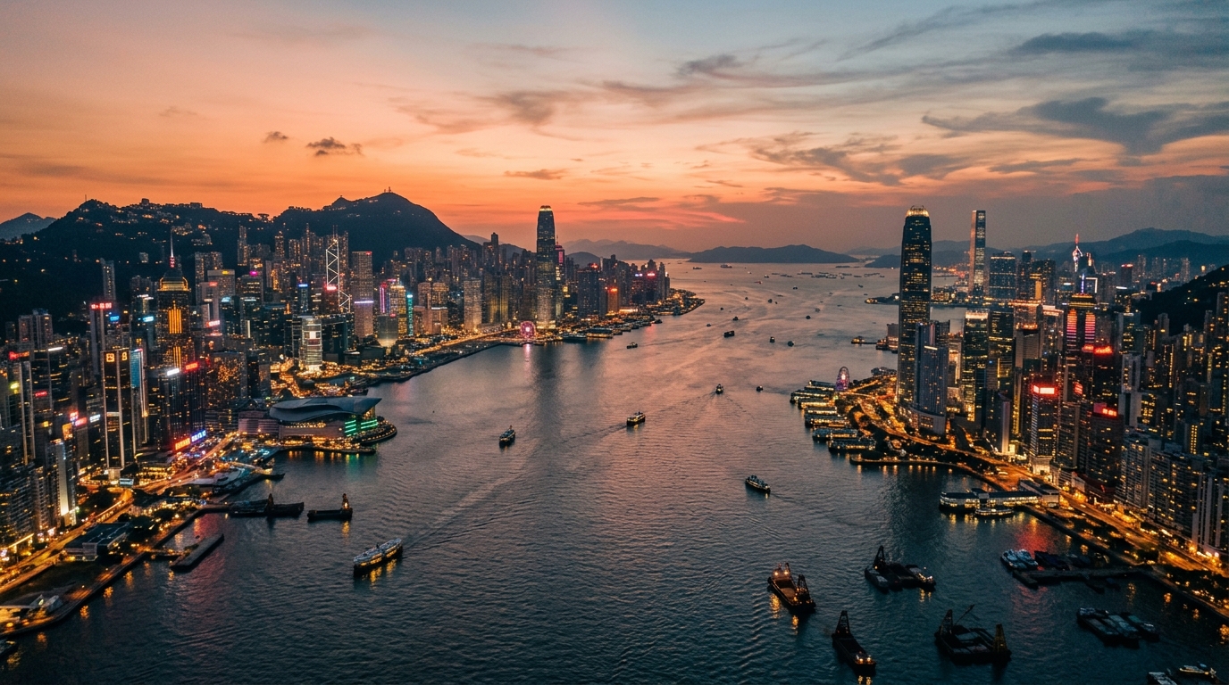 Vue aérienne de Hong Kong et du port Victoria au crépuscule