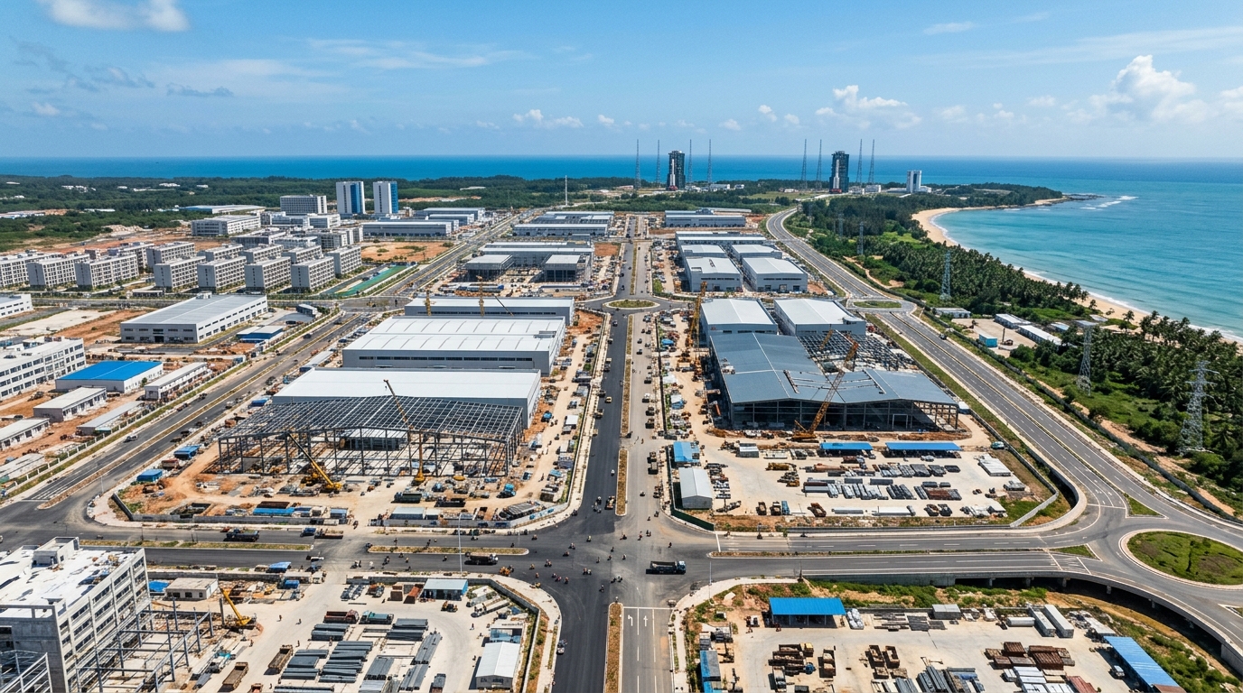 Vue aérienne de la zone industrielle spatiale de Wenchang en construction