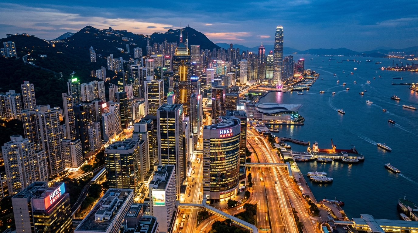 Vue aérienne du quartier financier de Hong Kong au crépuscule