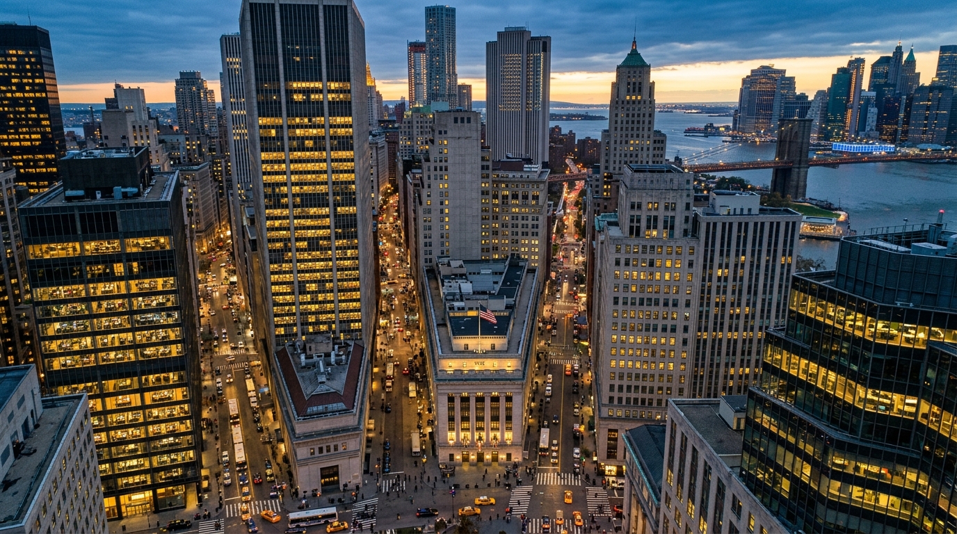 Vue aérienne du quartier financier de Wall Street au crépuscule