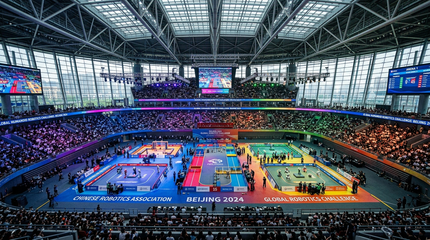 Vue d'ensemble de l'arène des Jeux mondiaux de robots humanoïdes à Pékin