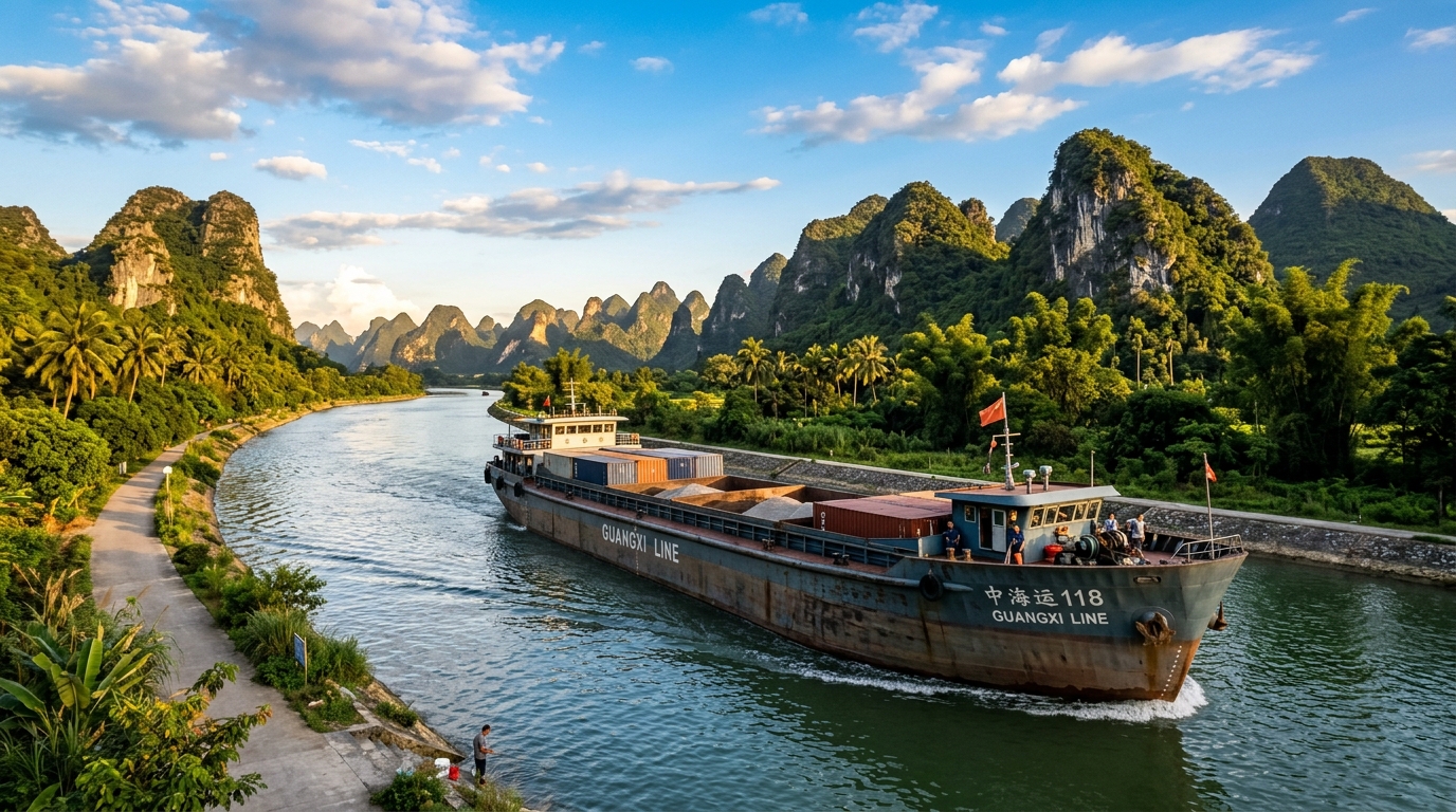 Barge de fret naviguant sur le canal de Pinglu dans le Guangxi