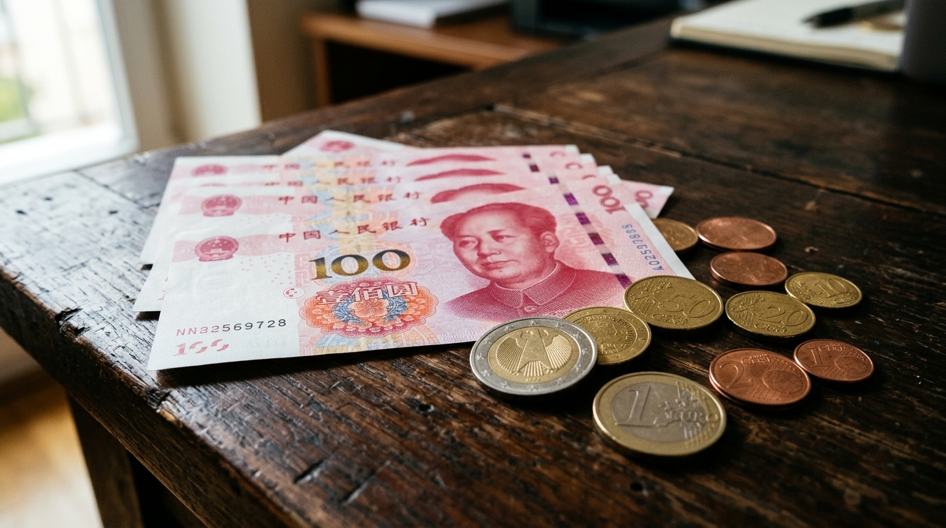 Billets de yuan chinois et pièces d'euro sur une table