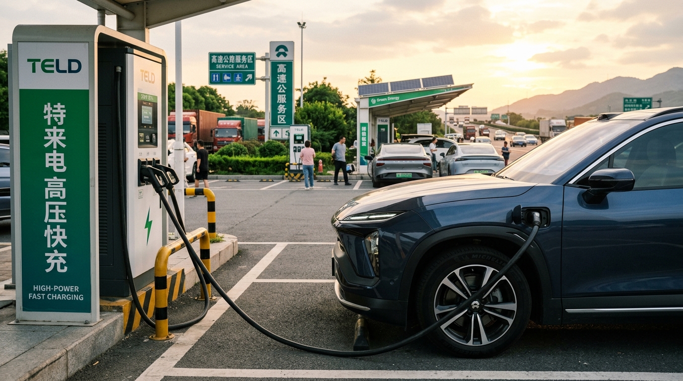 Borne de recharge rapide pour véhicule électrique sur une aire d'autoroute en Chine