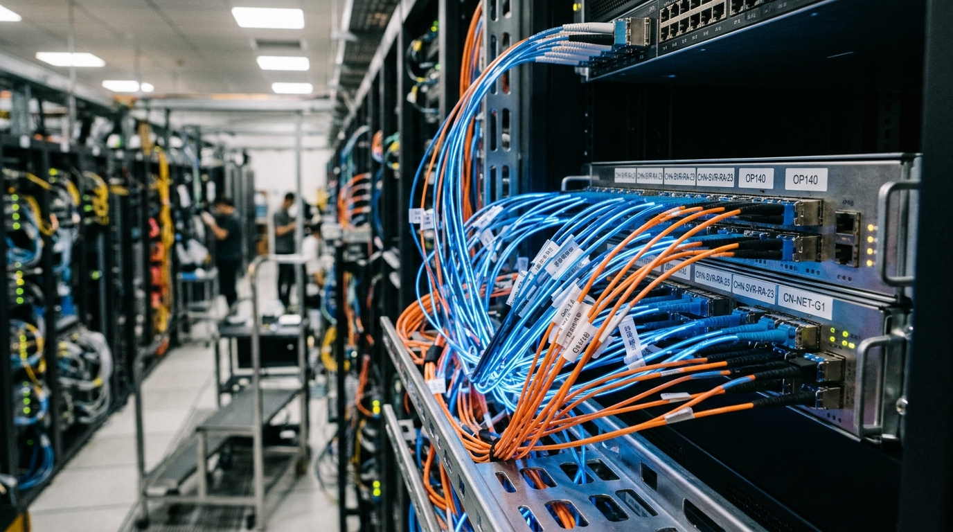 Câbles en fibre optique dans un data center chinois