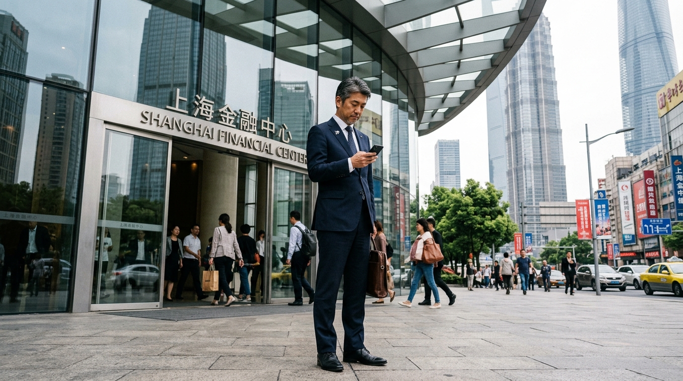 Cadre japonais devant un immeuble de bureaux à Shanghai