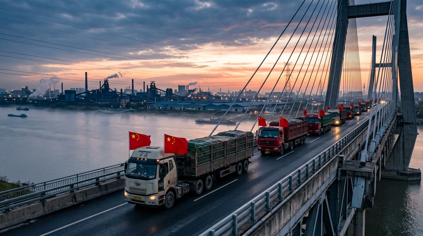 Camions de fret traversant le pont sur le Yalu lors de l'inauguration