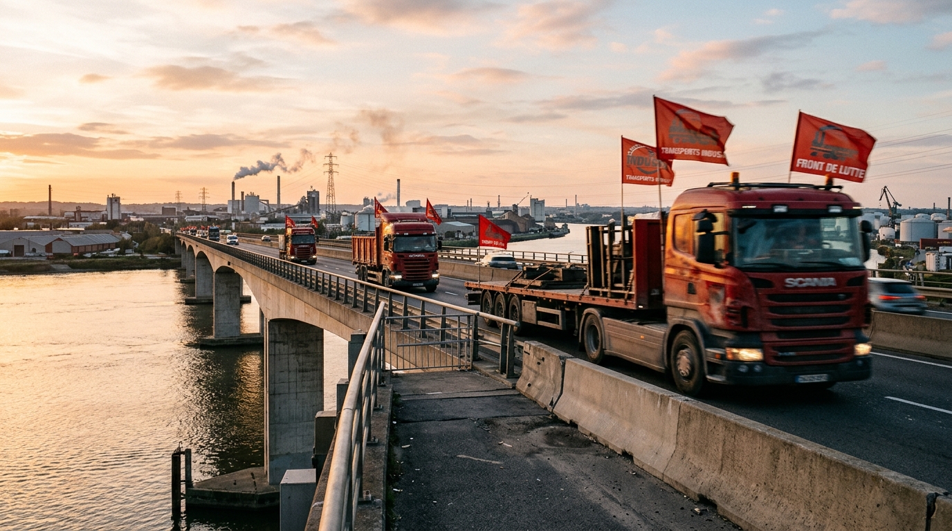 Camions traversant le pont du Yalu entre Dandong et Sinuiju