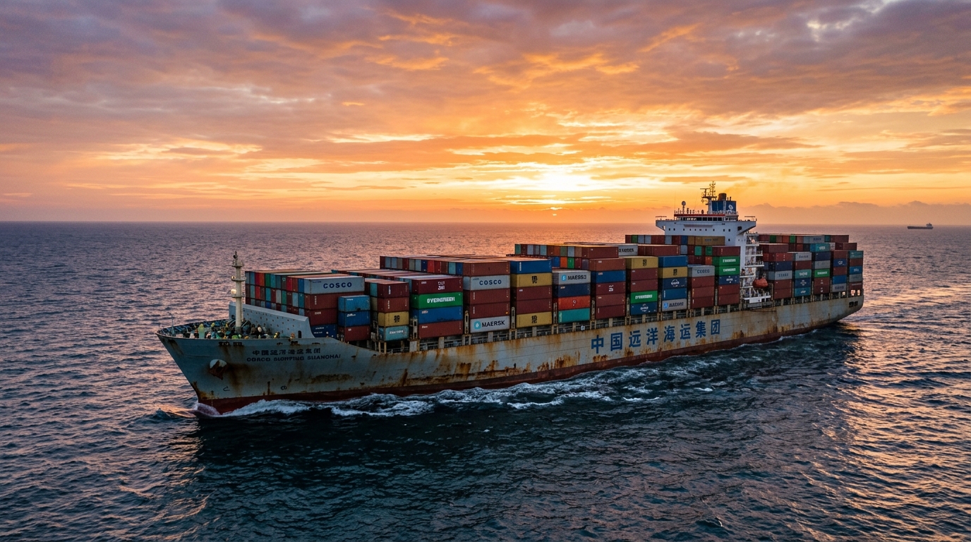 Cargo chinois chargé de conteneurs en mer au lever du soleil