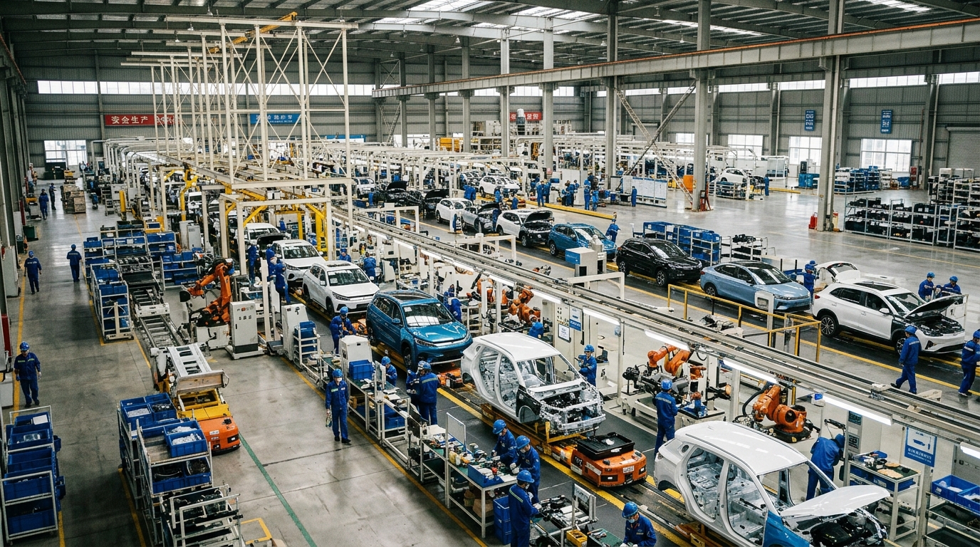 Chaîne d'assemblage de véhicules électriques BYD dans une usine en Chine