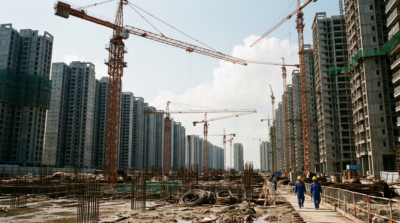 Chantier immobilier en Chine avec grues et immeubles en construction