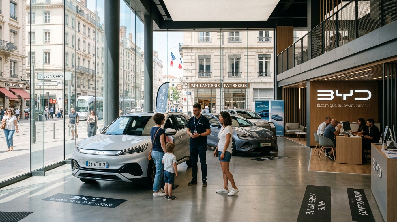 Concession BYD en France avec des véhicules électriques exposés