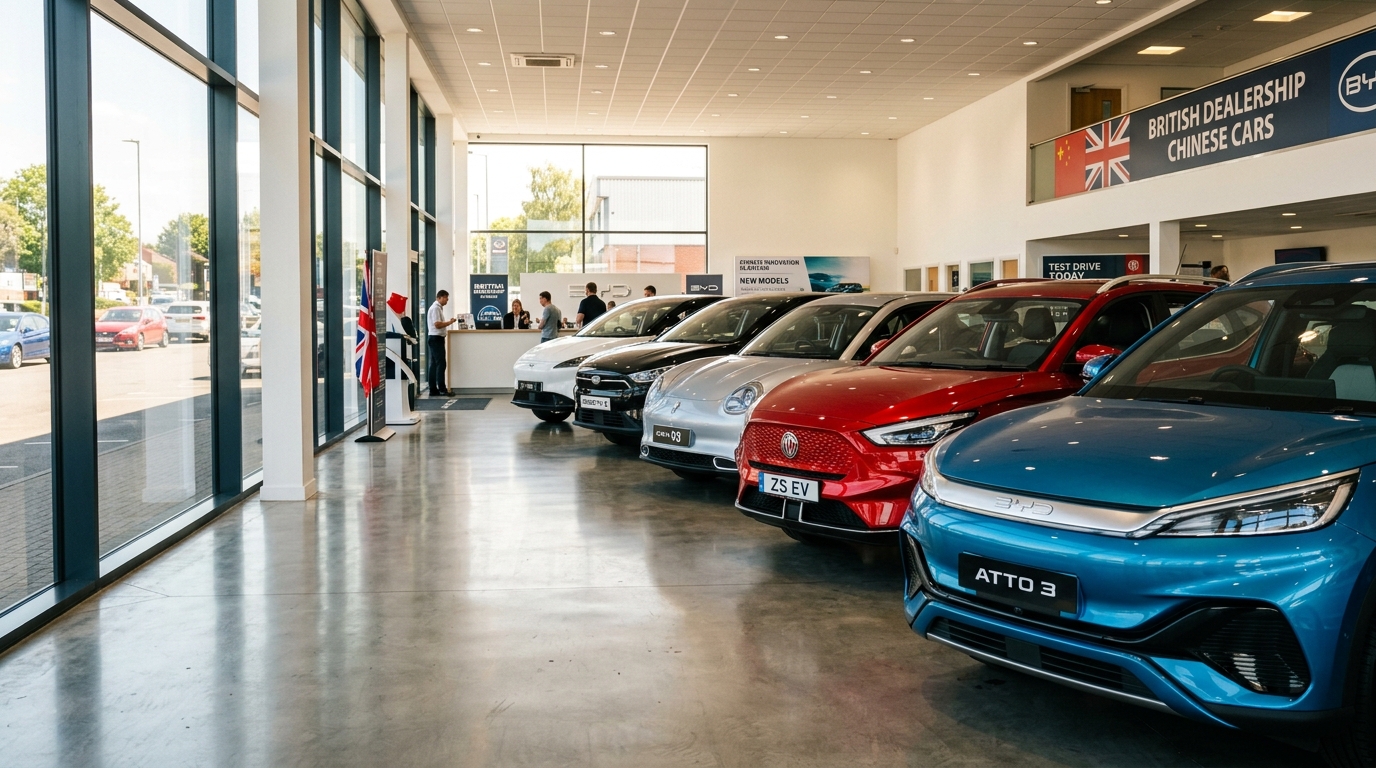 Concessionnaire automobile britannique avec plusieurs modèles de marques chinoises