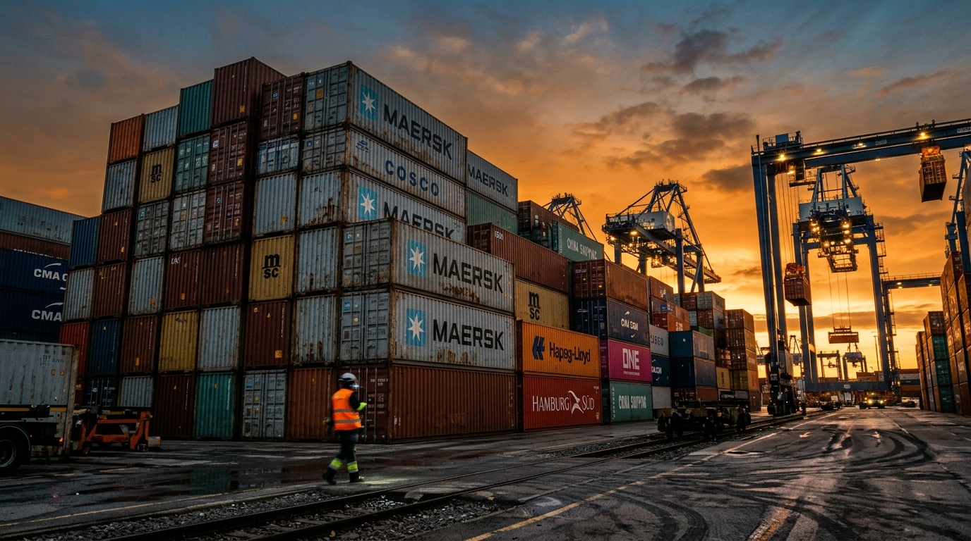 Conteneurs dans un port européen au crépuscule