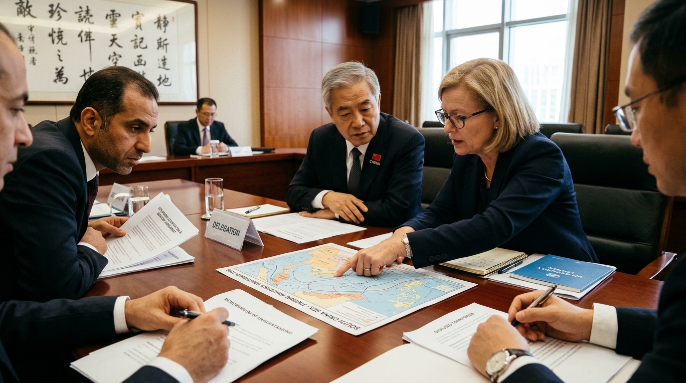 Diplomates autour d'une table de conférence lors d'un sommet économique