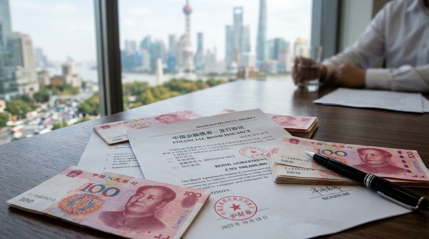 Documents obligataires et billets de yuan sur un bureau à Shanghai