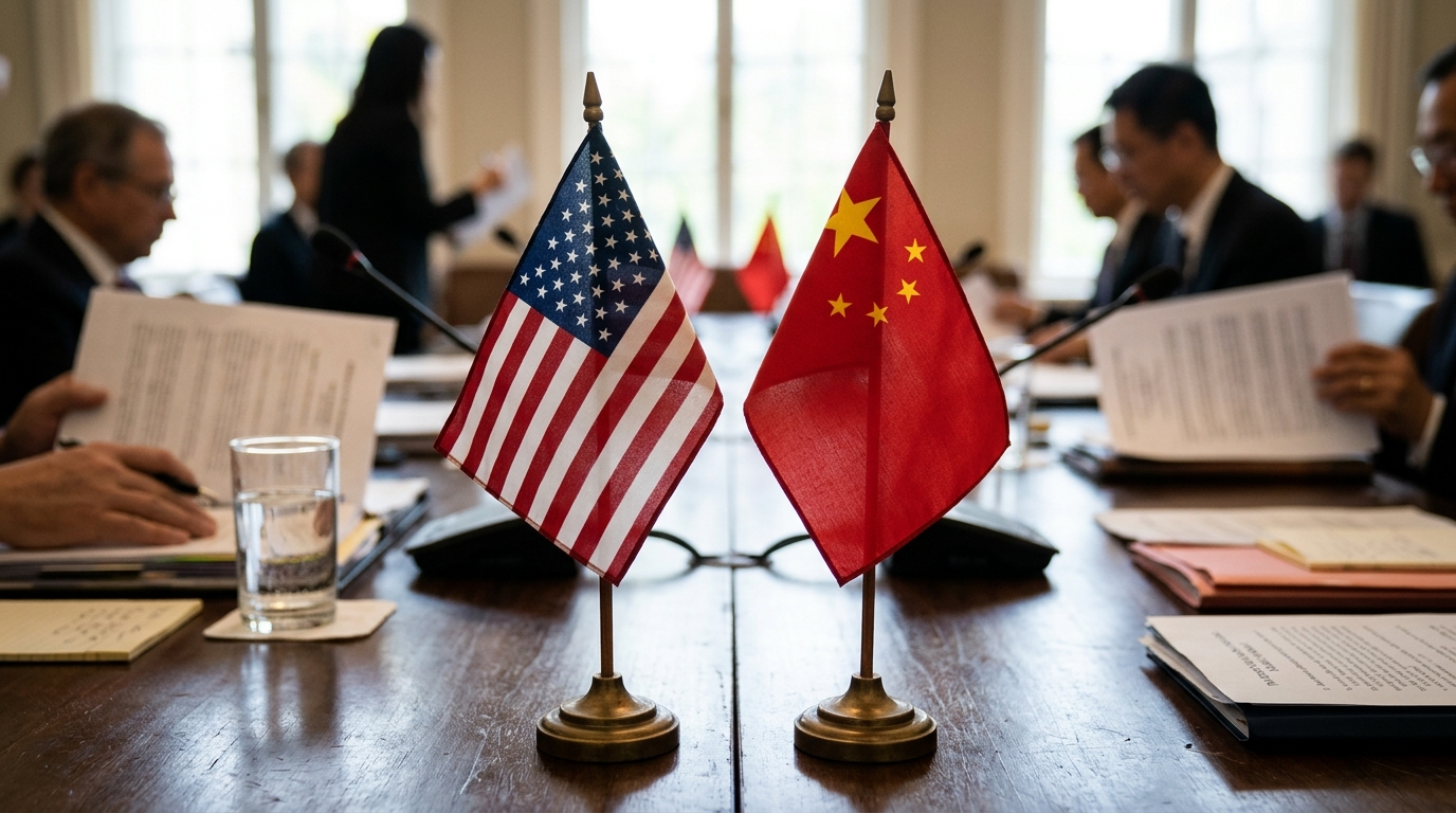 Drapeaux américain et chinois face à face sur une table de conférence