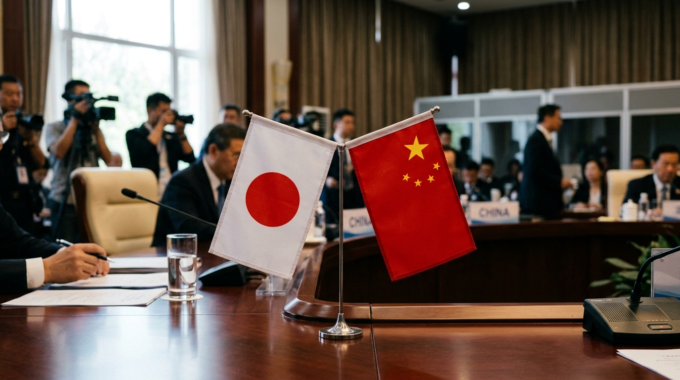 Drapeaux japonais et chinois côte à côte sur une table de conférence