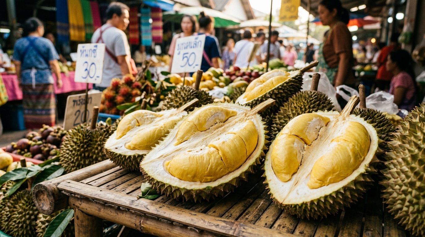 Durians thaïlandais ouverts révélant leur chair dorée sur un marché