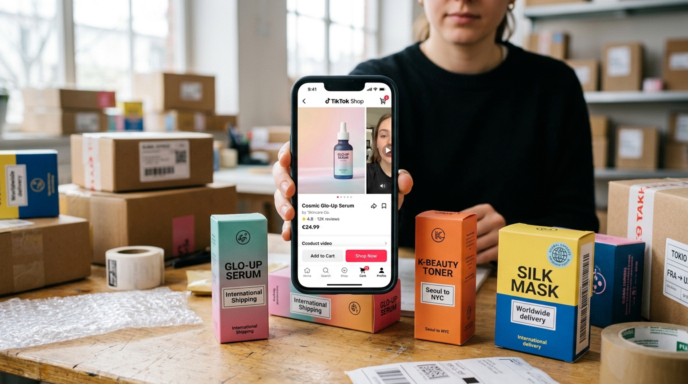 Écran TikTok Shop avec commandes prêtes à l'expédition internationale