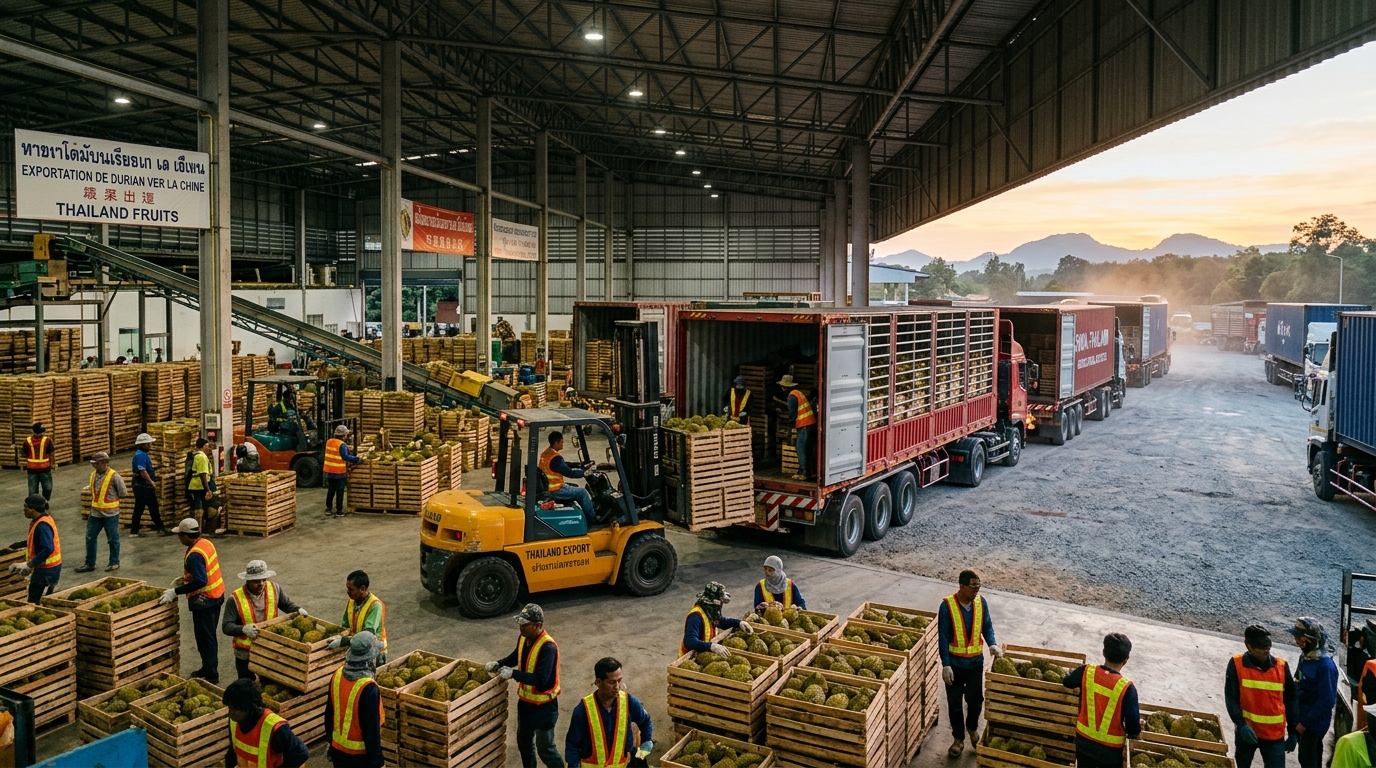 Entrepôt d'exportation de durians thaïlandais avec camions et ouvriers