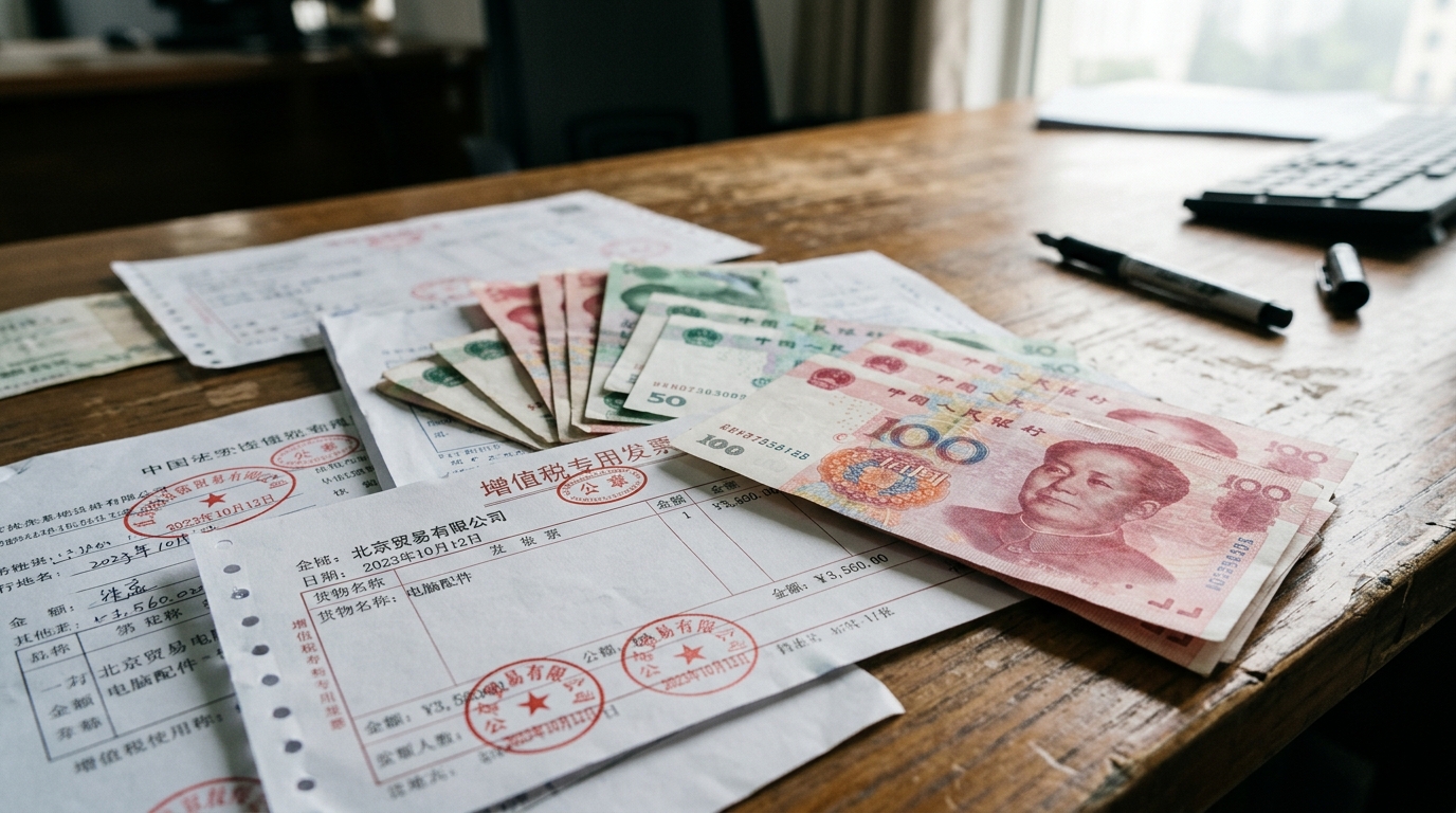 Factures impayées et billets de yuan sur un bureau
